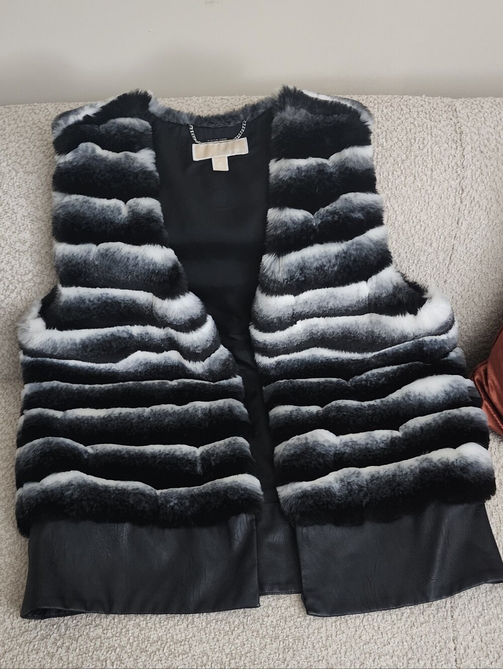 Michael Kors Black and White Faux Fur Striped Vest